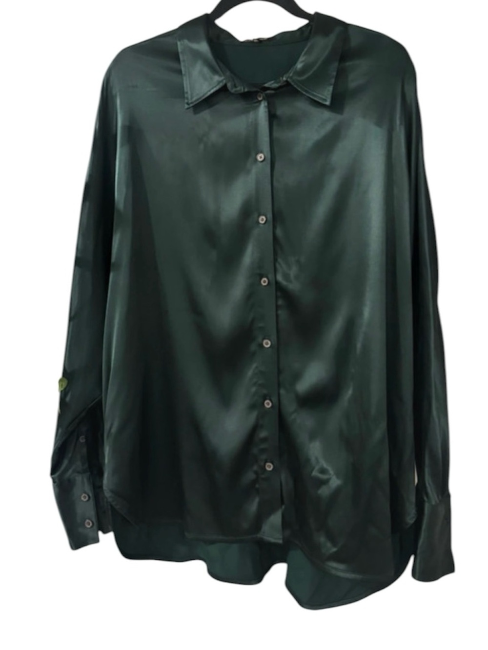 Madewell Women's XL Top Dark Green Satin Button-Front Blouse Long Sleeve